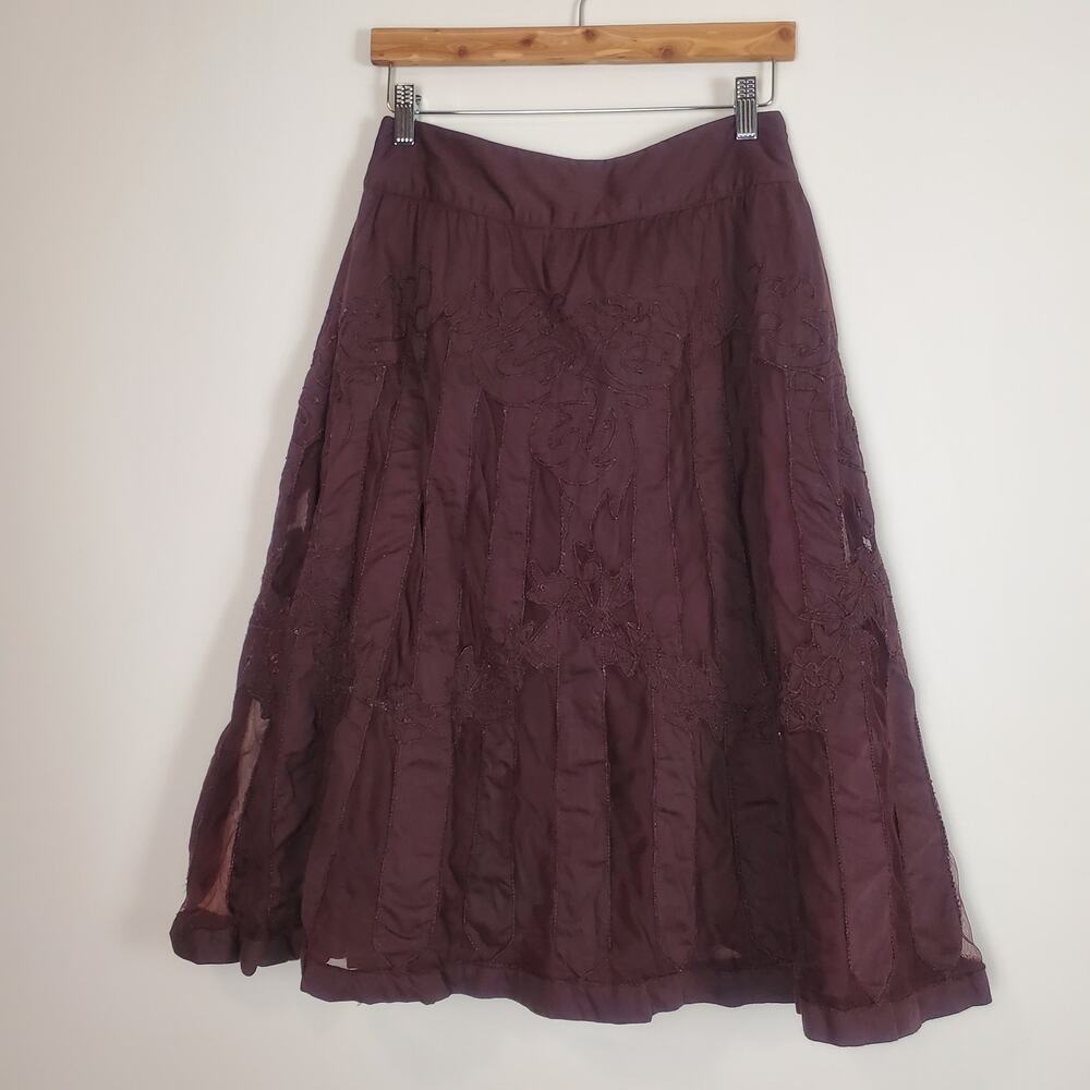Anthropologie Ipsa Embroidered Tulle Midi Skirt Chocolate Brown 2 - Picture 4 of 11